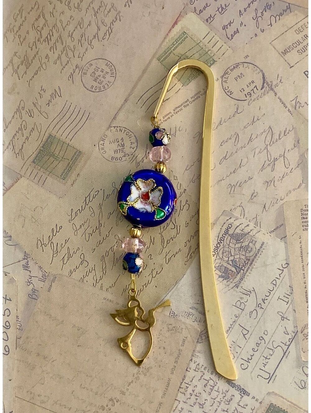 Vintage Floral Cloisonne Bookmark Beaded Metal Page Marker Angel Charm